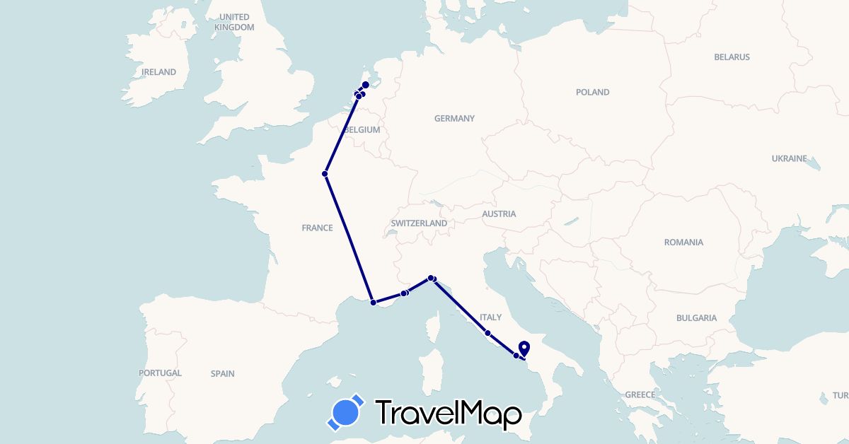 TravelMap itinerary: driving in France, Italy, Monaco, Netherlands (Europe)